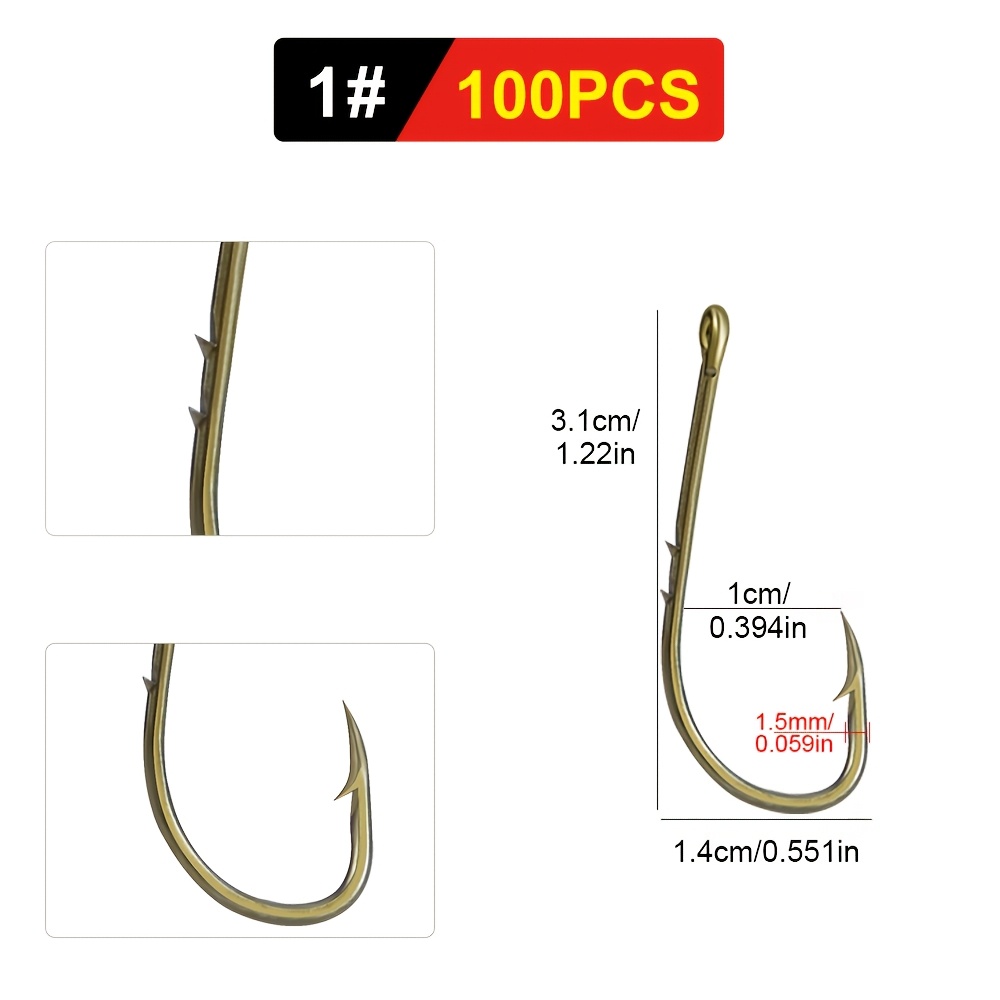TEMU FTK 100pcs Hameçons de pêche au , Hameçons d'eau salée avec arêtes, Manches d'hameçon pour appât, Supports d'appât , Ensembles de pêche à la ,