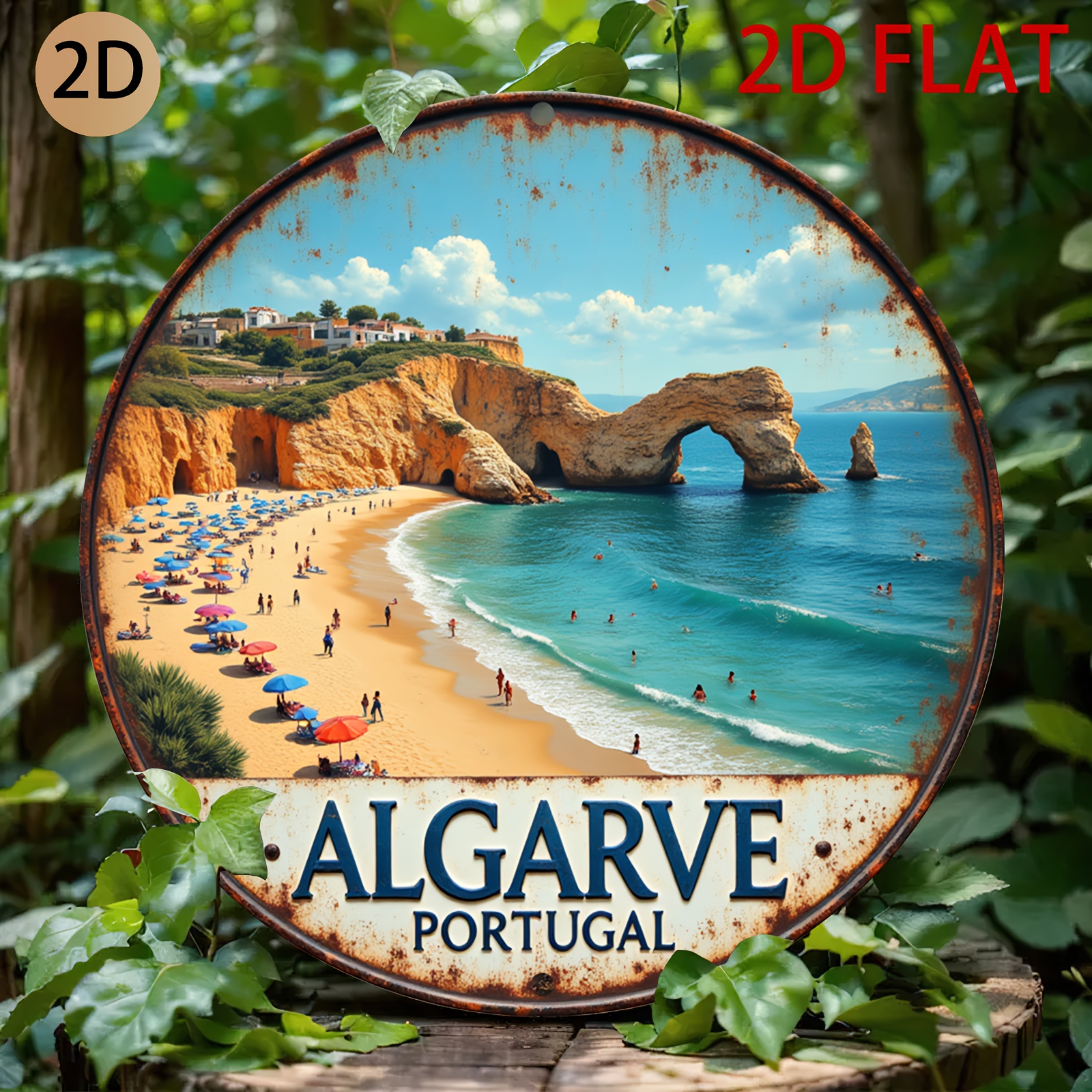 TEMU 2d Plane Circular Rust Effect Metal Sign Portugal Beach Scene Design Coastal Wall Themed Decoration Suitable For Room Or Beach House, 2d Flat,