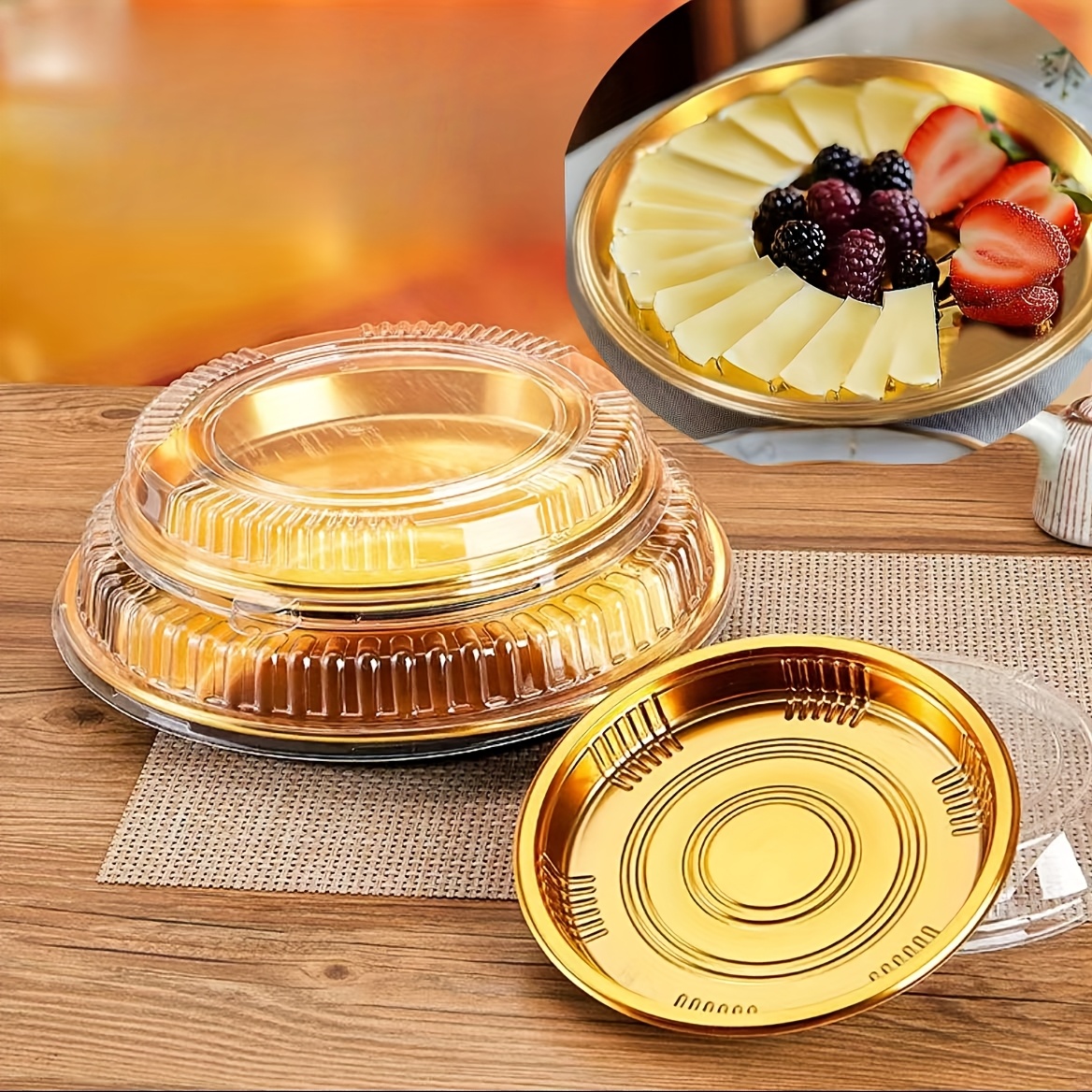 

10pcs Elegant Gold Round Fruit Containers With Clear , Large Capacity Food Packaging Box, Best For Cheese Plates, Appetizers, Vegetable Sticks – Leakproof, Stackable, And Catering Events, Birthday,