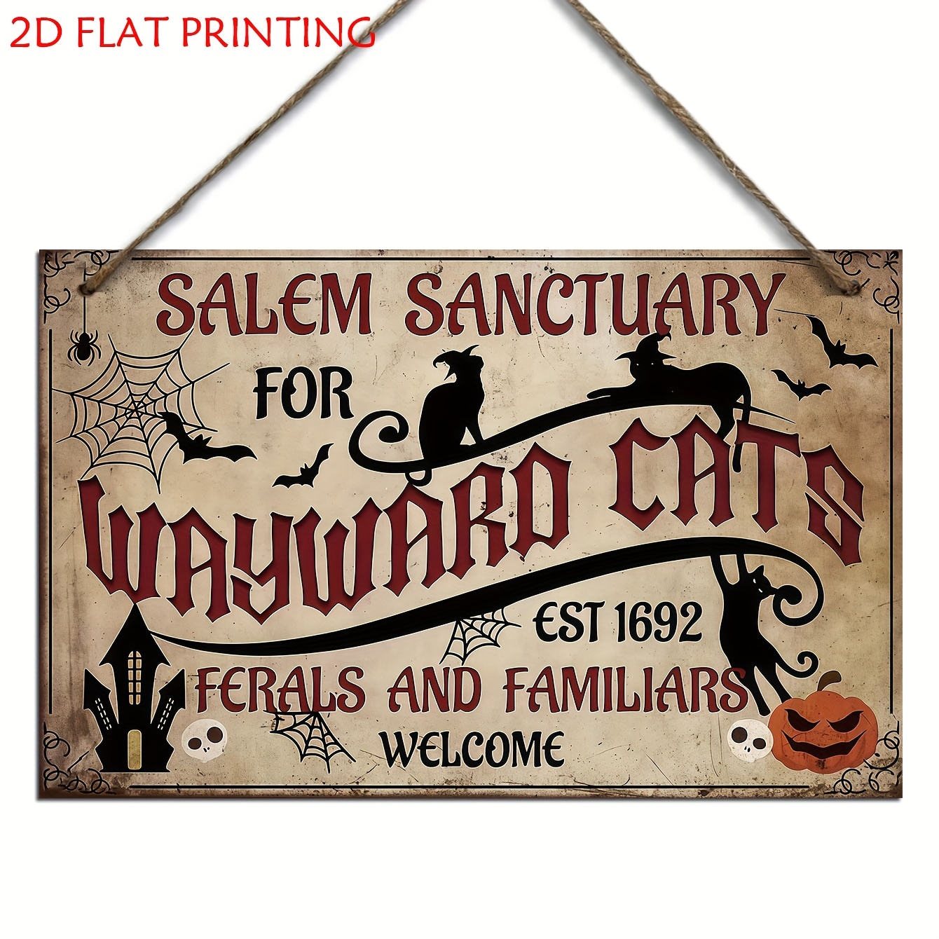 TEMU Plaque Décorative Rétro en Bois, Style Plat 2D, 1pc, Slogan "Abri pour Chats Errants de Salem en 1692", Art Mural avec Chauves-Souris, Chats