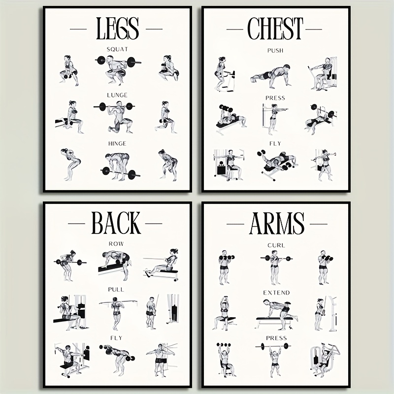 E-shop 4 Stück Ungefärbte 8x10in Gym Workout Poster - Krafttraining & Muskelbau-Charts für Beine, Brust, Rücken, | Schwarze & Weiße