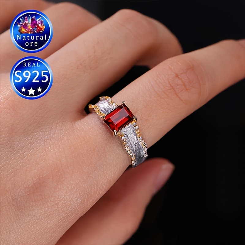 Gift Boxed Gemstone Ring S925 Silver Red Garnet Adjustable Opening Vintage