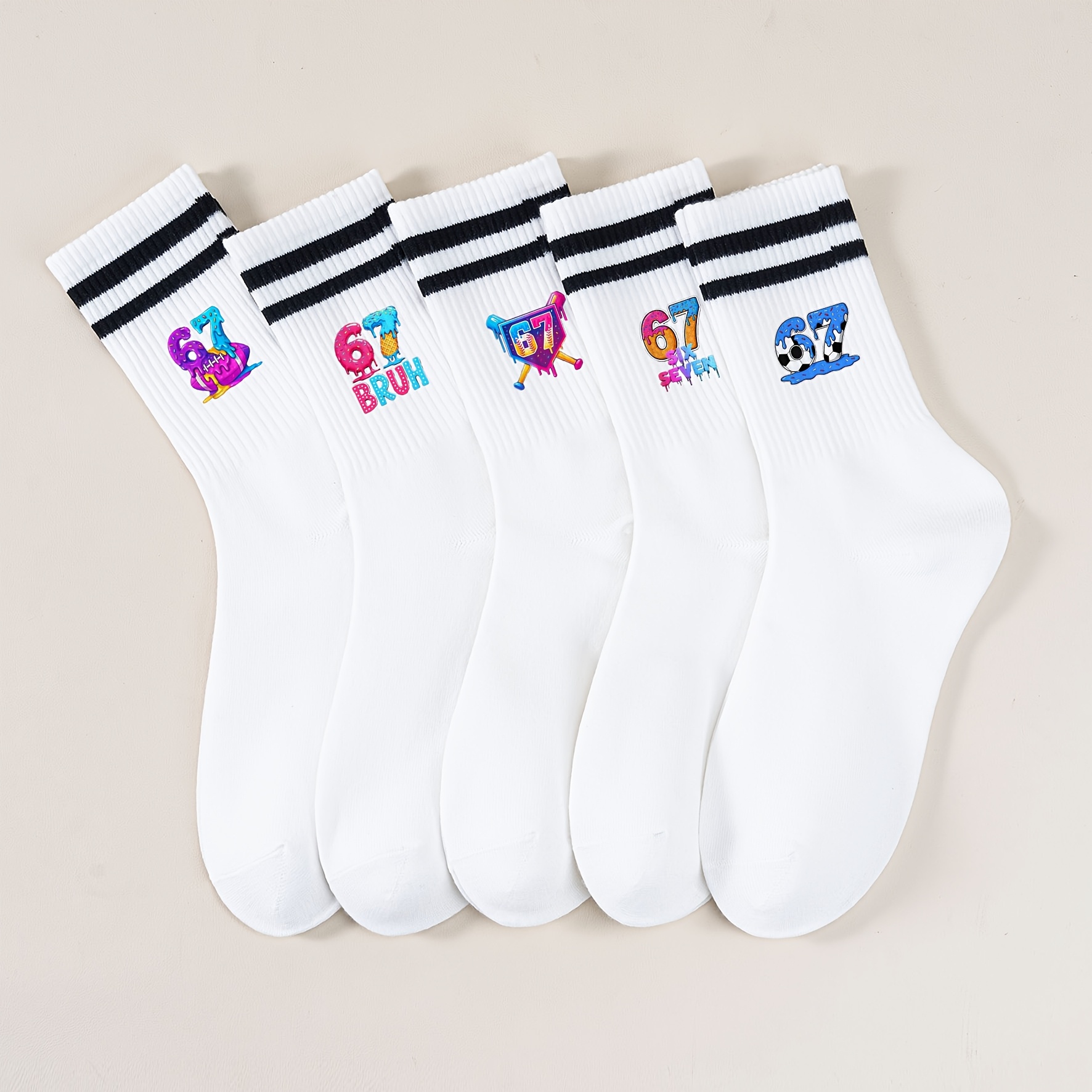 TEMU 5 paires de chaussettes de sport décontractées '67' et cerises, élégantes et mignonnes, fabriquées en tissu , avec des colorés et amusants, qui