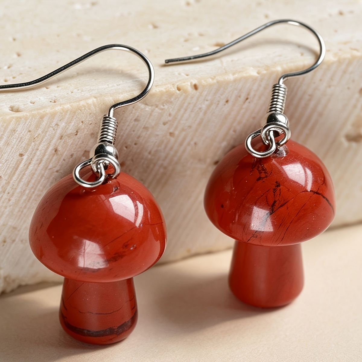 Women's Red Jasper Mushroom Earrings, Bohemian Vintage Style