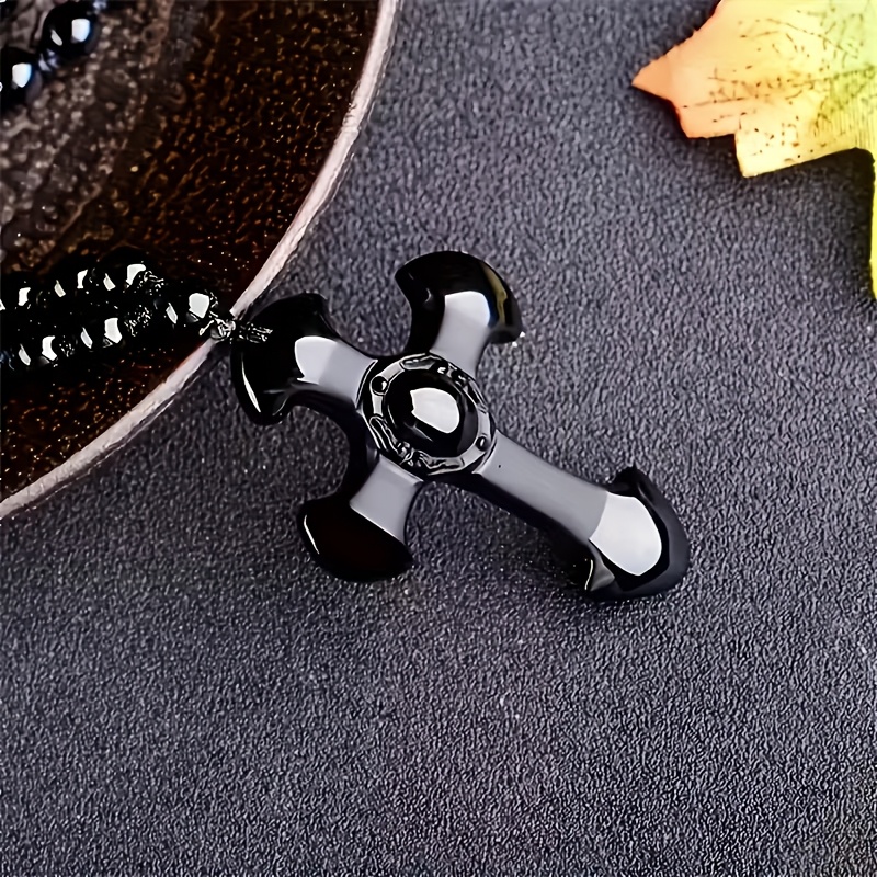 Women's Obsidian Cross Pendant Necklace, Bohemian Amulet