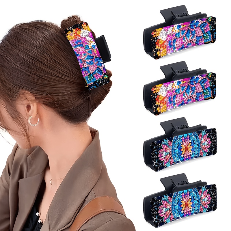 TEMU 2pcs Diamond Painting Kits, Diamond Painting Hair Clip For Women, Floral Series Pattern, Mosaic Diamond Hair Clip, Round Shape Craft Kit, Shiny
