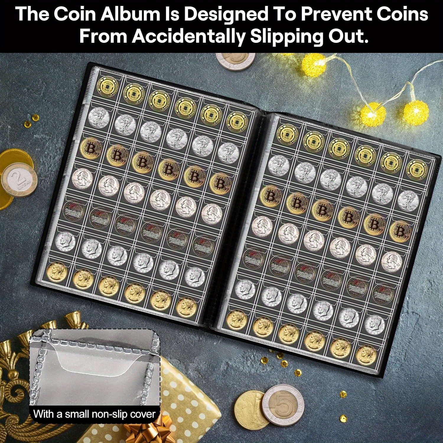 Álbum De Monedas Pylorixz – Para 250 Monedas, 5 Páginas Con Bolsillos Grandes Y Pequeños, Cubierta De PU, Color Negro, Medidas 215 X 172 Mm