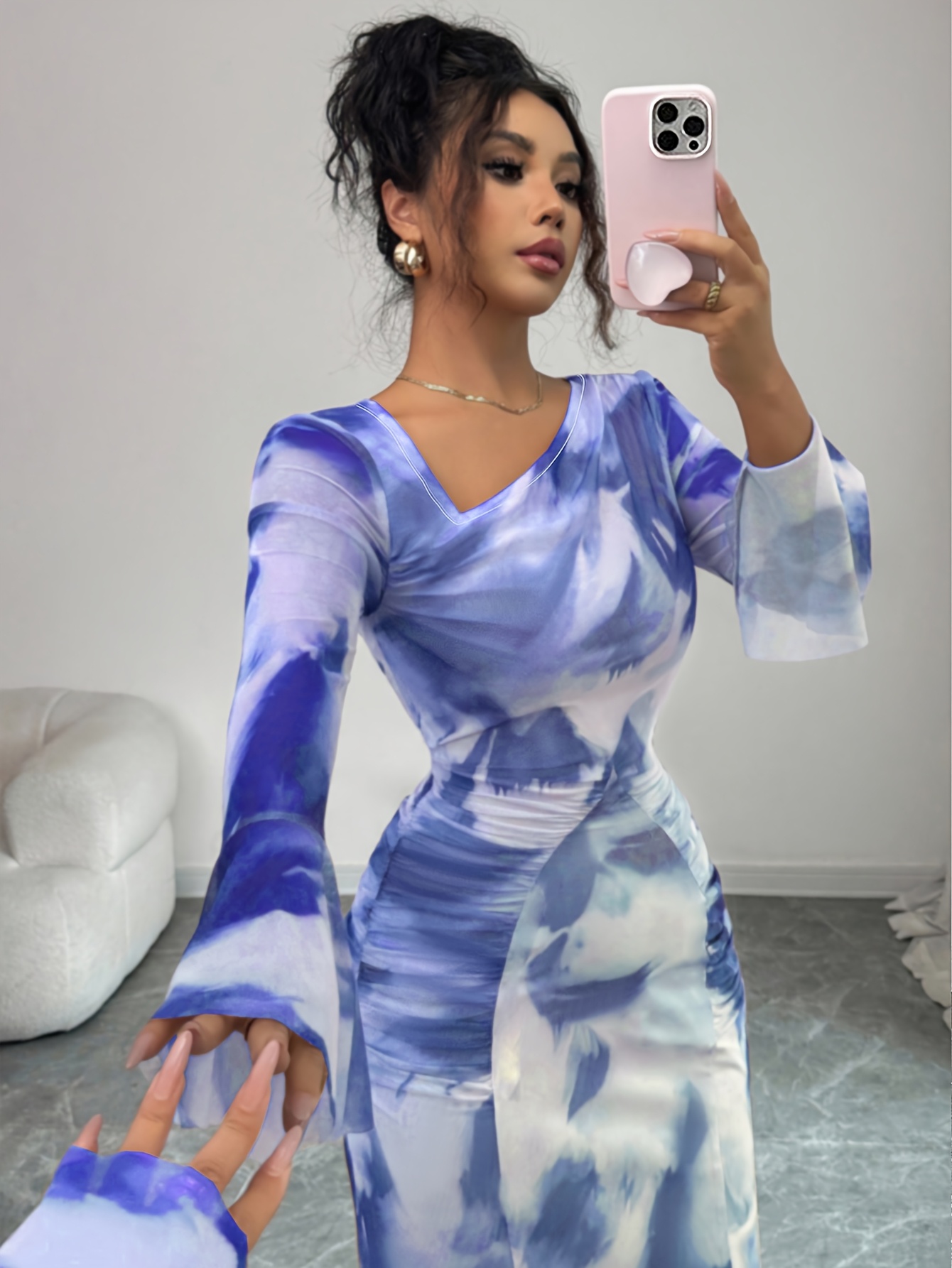 Elegant And Fashionable New Adult Women'S Autumn And Winter Floral Tie-Dye Print Notched Collar Long-Sleeved Flared Sleeve Slim Fit Waist Pleated Hip-Hugging Sexy Dating Commuting Vacation Dating Valentine'S Day Long Dress