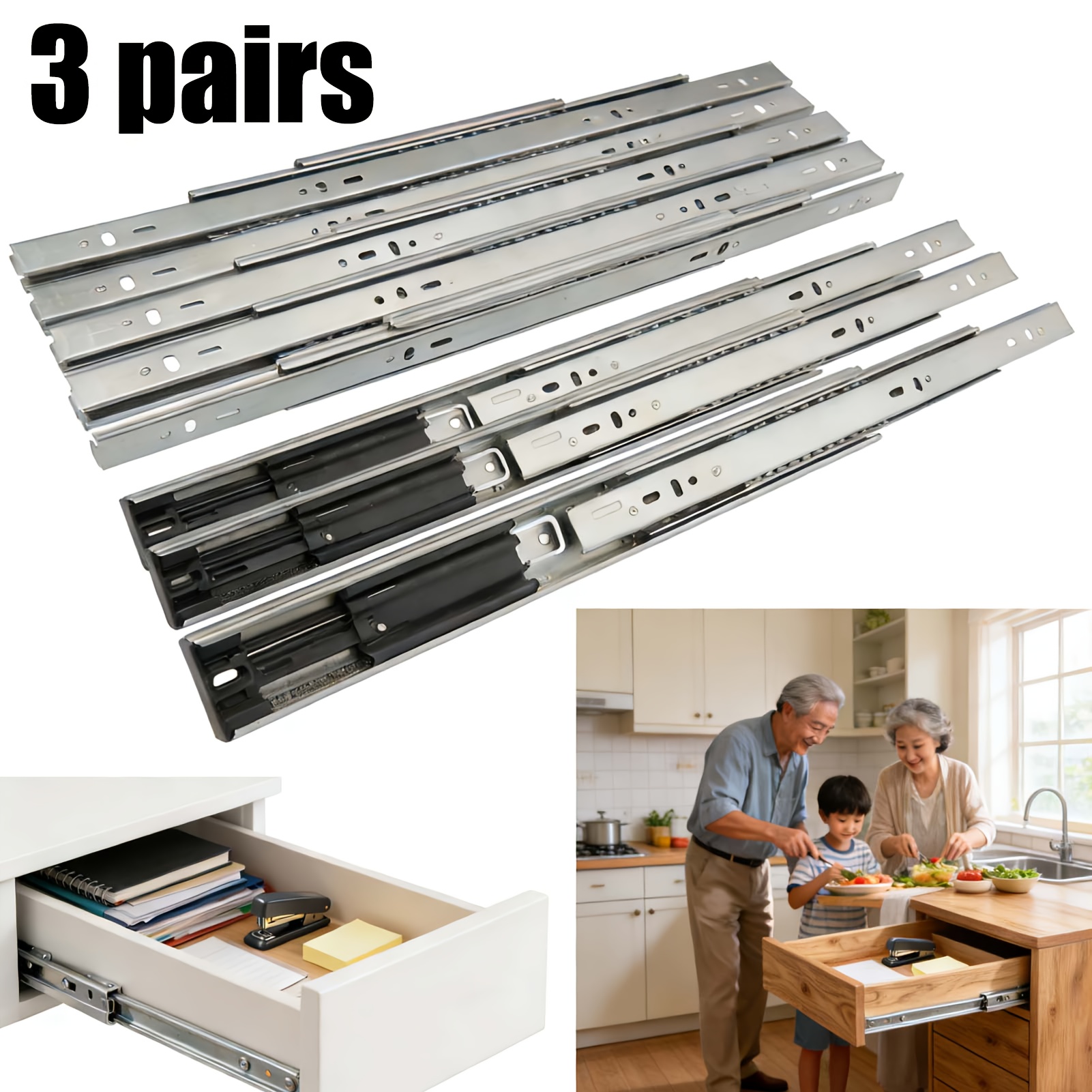 Image of 3 Pairs Cold-rolled Steel Full Extension Bearing Slides | 45mm Soft Close System, Multiple Sizes 300-500mm, Telescopic, With 6 Mounting Screws, Polished Metal End