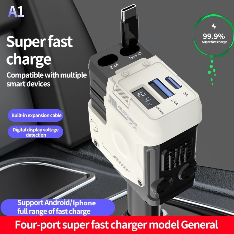 

Retractable Car Charger - 4in 1 Fast Car Charger, Style Fast Car Charger Car Accessories, Car Charger For Ios And For Compatible With Iphone15/15 /14 /13/12, For S23/22, Pixel Smartphone