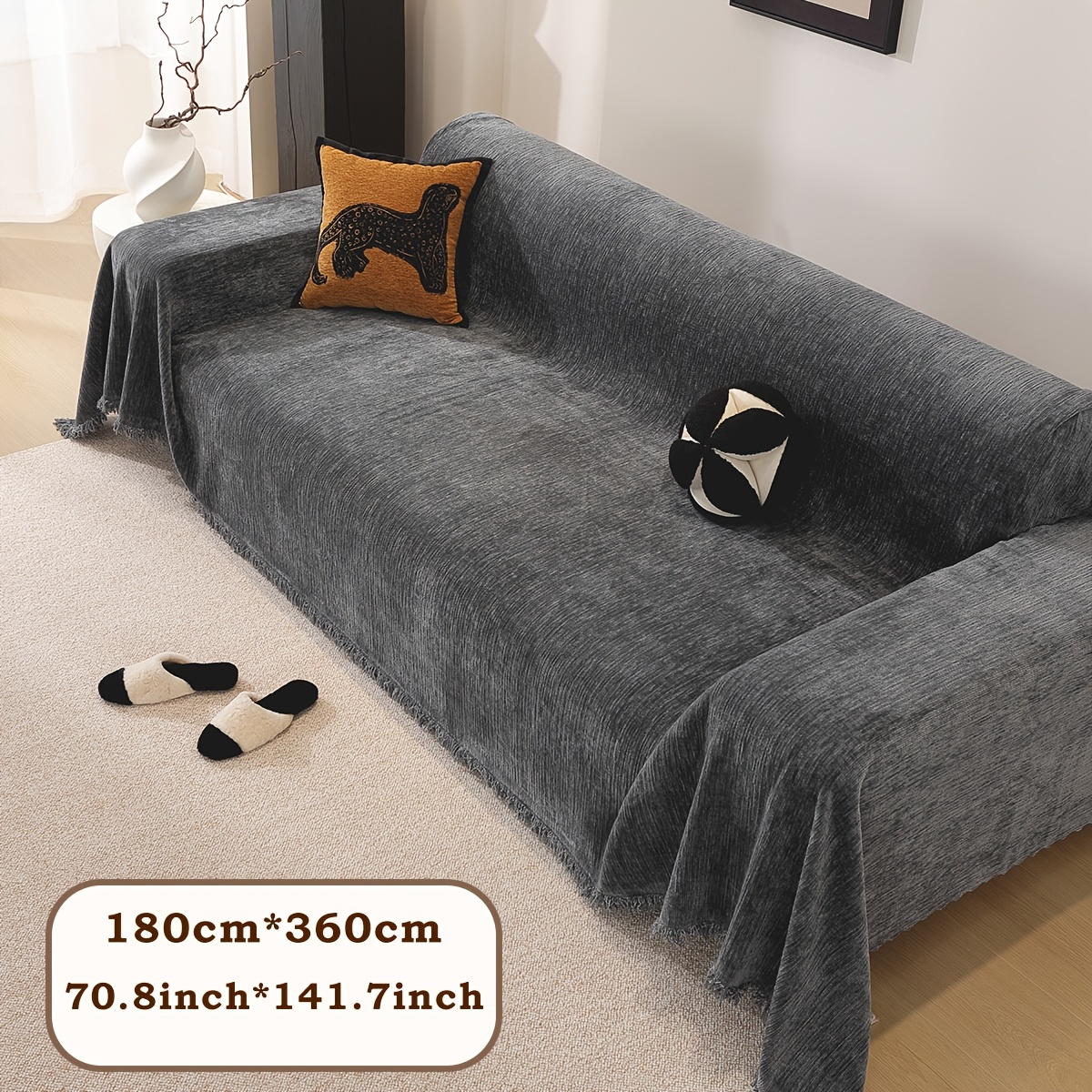 TEMU 1pc Minimalist Chenille Sofa Cover, Solid Color Tassel Edge Sofa Scarf, Soft High-gsm Non-slip Furniture Protector, Multiple Colors