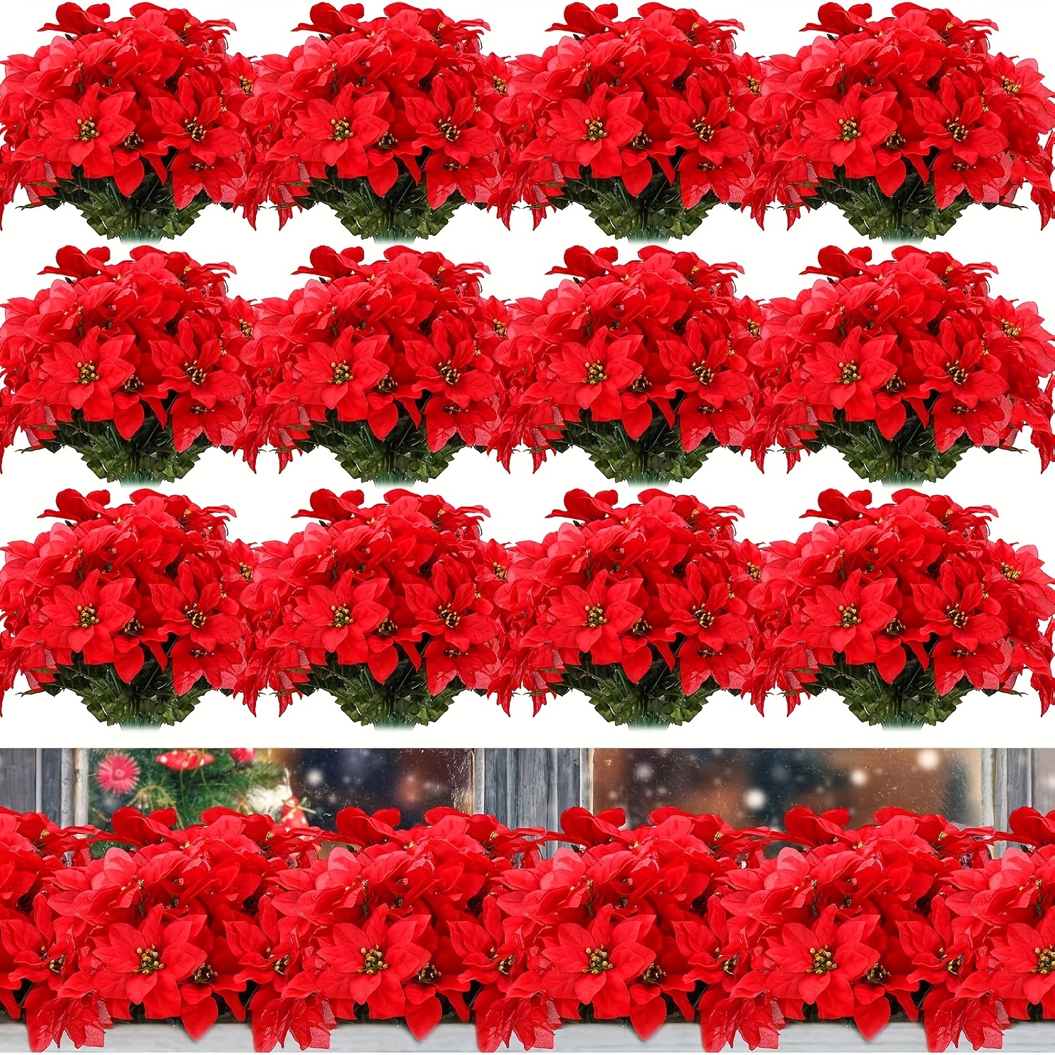 

24 Pcs/16pcs Christmas Artificial Poinsettia Flowers 7 Heads Fake Flowers With Stem Poinsettia Christmas Tree Ornaments For Home Wedding Party Table Outdoor Decoration