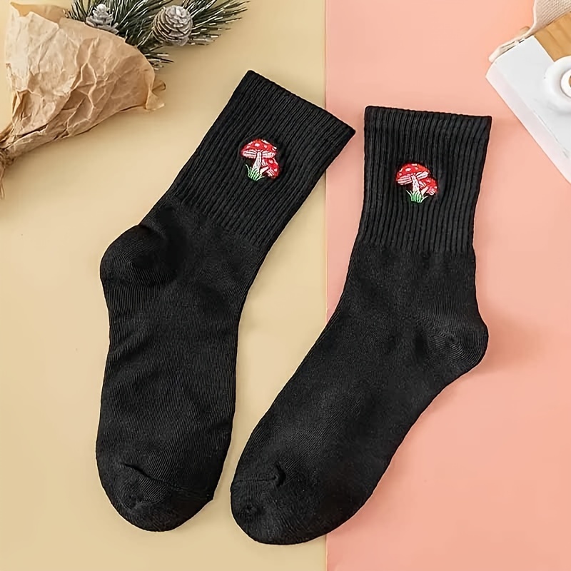 

Chic Embroidered Mushroom 'a' Mid-calf Socks For Women - Soft Polyester, Hand Washable