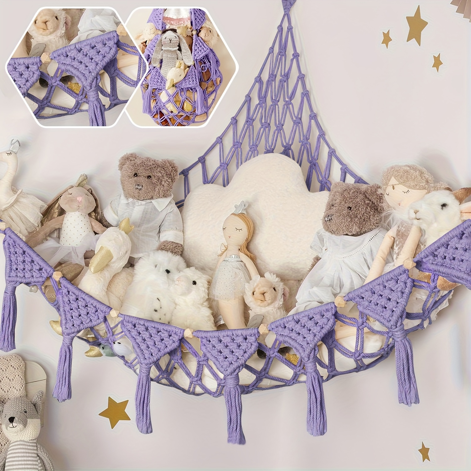 Filet De Rangement D'angle Pour Jouets – Filet Pour Animaux En Peluche, Hamac à Double Couche Avec Pompons | Organiseur De Rangement Mural Pour Jouets