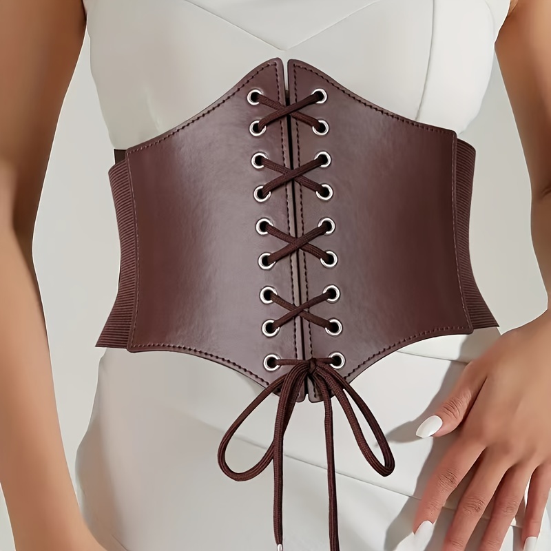 

Chic Women's Lace-up Corset Belt - Breathable Mesh, Slimming Waist Cincher For Dresses & Outerwear, Faux Leather