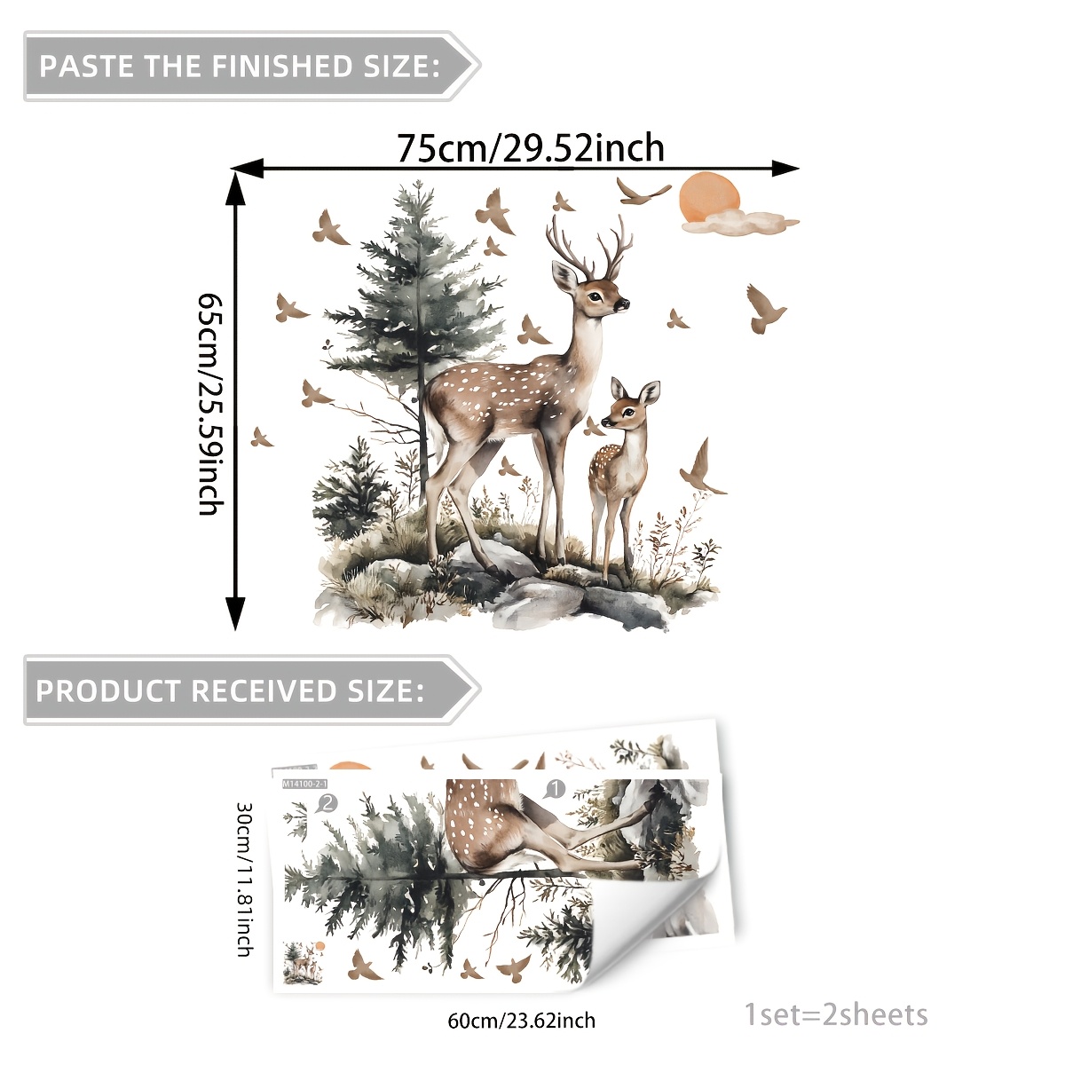 Image of 1 Set Of 2 Sheets Deer, And Bird Wall Stickers For Bedroom Living Room Background Wall Home Decoration Self-adhesive M14100-zw