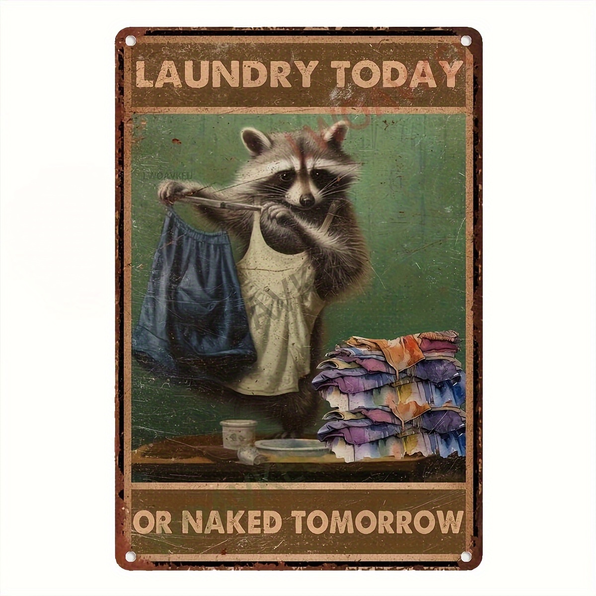 

Vintage Raccoon Laundry Tin Sign - Iron Wall Decor For Home, Room, Garage - 8"x12" - "laundry Today Or Naked Tomorrow" Plaque - 1pc