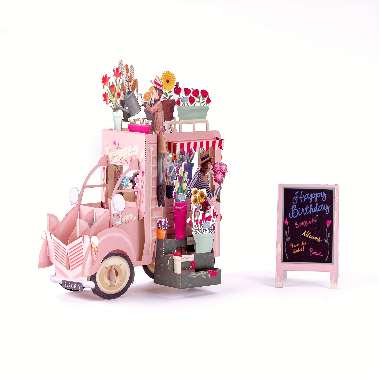 TEMU 1pc Handcrafted Pink 3d Pop-up Birthday Card - Vintage Floral Carriage Design, Hollowed Paper, Suitable For Anyone, Featuring "happy Birthday"