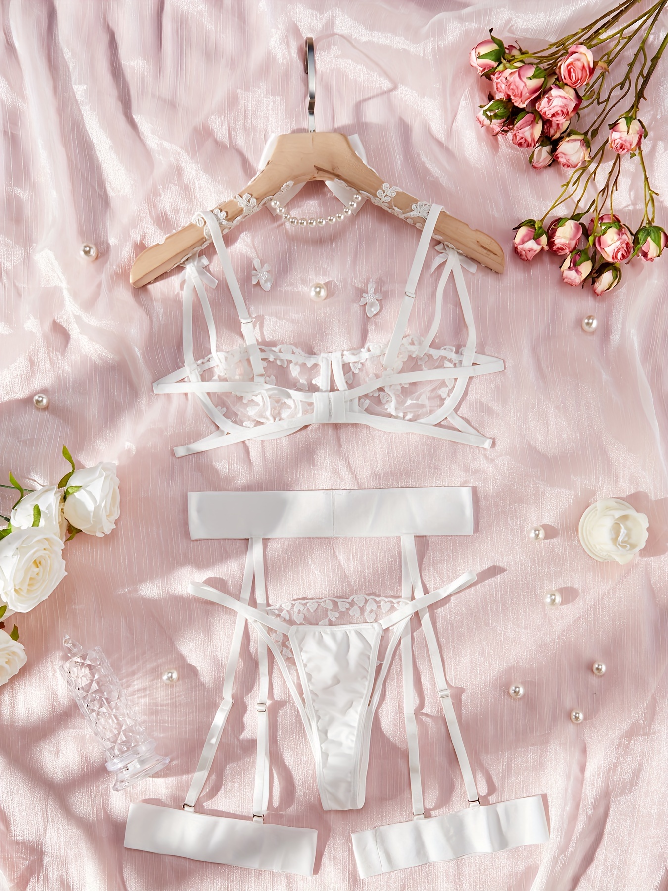 Valentine's Day Heart Embroidery Lingerie Set Semi Sheer Bow - Temu