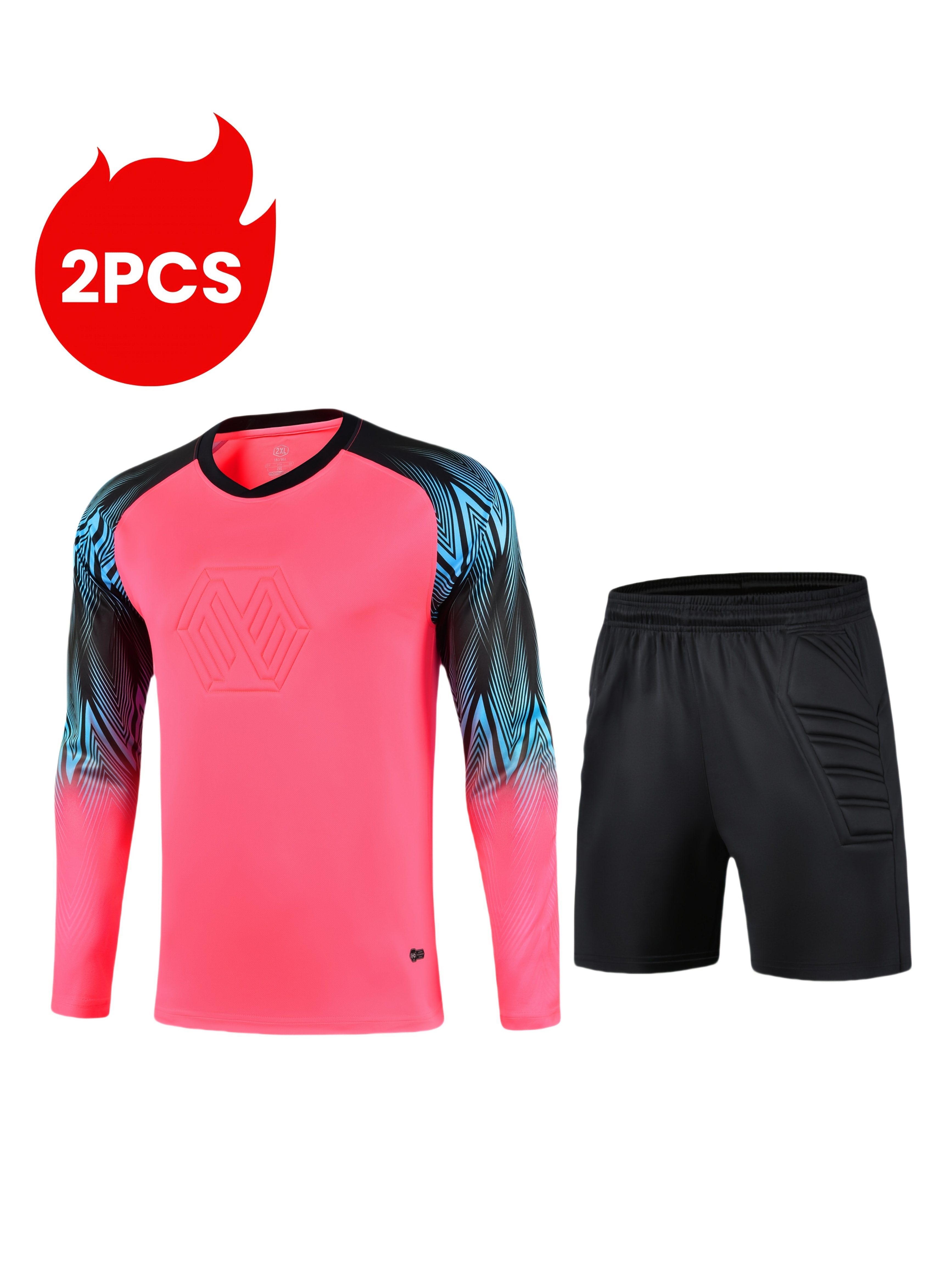a two piece soccer goalkeeper outfit featuring a sponge chest protector and elbow pads with non slip plastic strips on   it   a breathable quick dry long sleeve t shirt with color block geometric stripes for running and training along with goalkeeper shorts and elastic breathable waist pants for protective training and competition activities