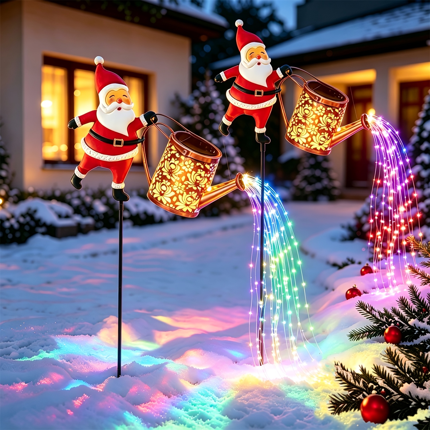 TEMU Lot de 2 statues lumineuses solaires d'extérieur, IP55, Père Noël et sur piquet de jardin, guirlandes lumineuses décoratives de Noël pour cour,