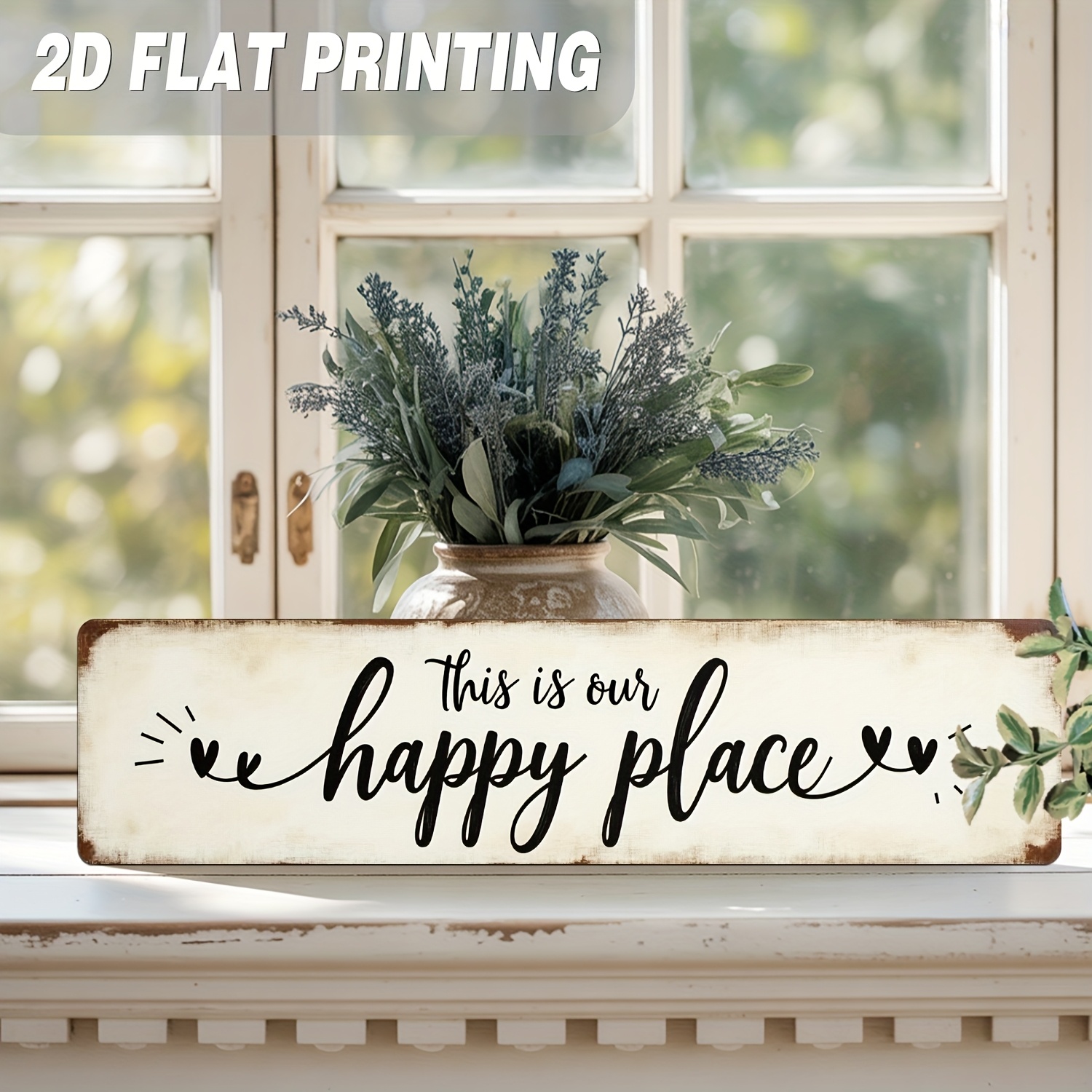 TEMU 2D Plat - [2D Plat] 2D Plat, 1pc "This Is Our Happy Place" avec Cœur - Décoration Rétro de Ferme, Convient pour Salon, Chambre, Cuisine - Œuvre