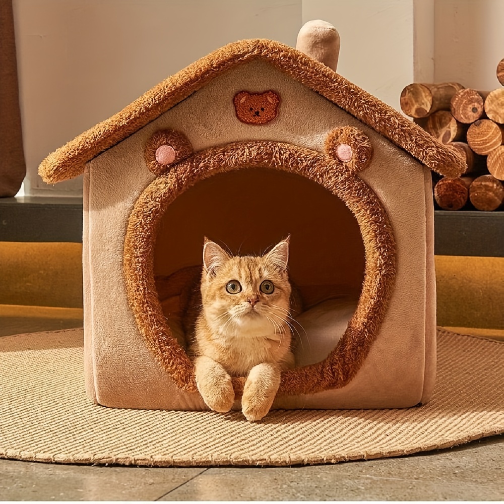 

Cozy Foldable Pet Bed House For Cats & Dogs - Washable, Comfortable Velvet & Pp Cotton Nest With Cabin Style Design