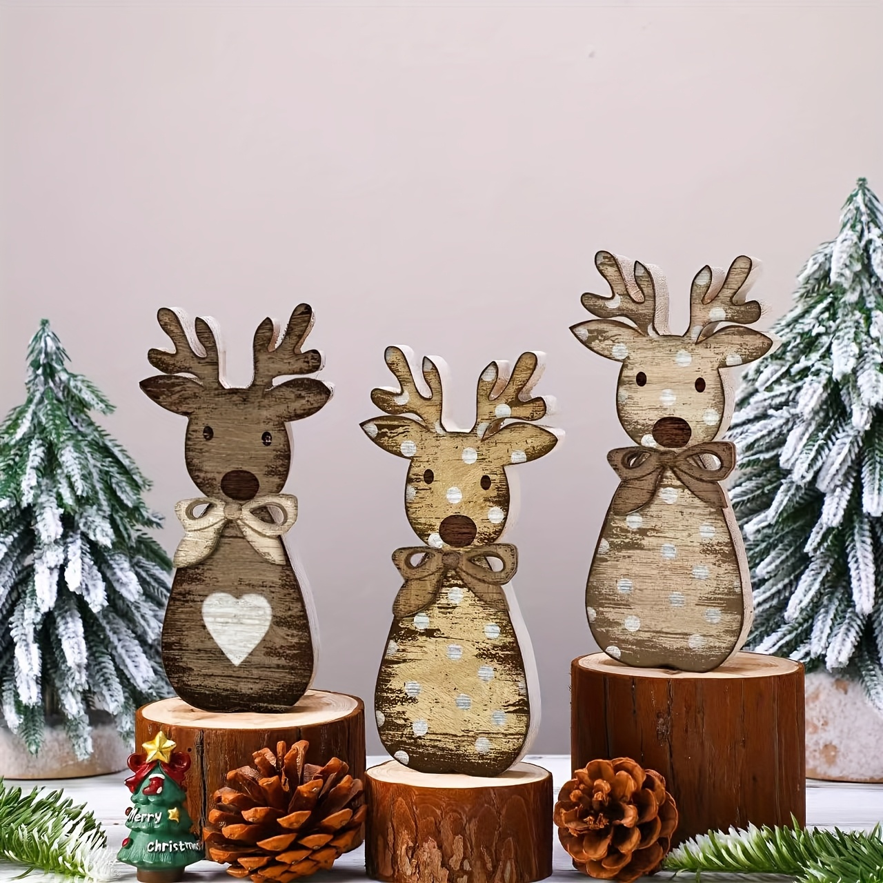 Image of Set Of 3 Wooden Reindeer Christmas Table Signs, Wooden Plaques, Stacked Tray Decorations, Reindeer Christmas Ornaments, Indoor Rustic Style Centerpieces, Christmas And Office Table Signs