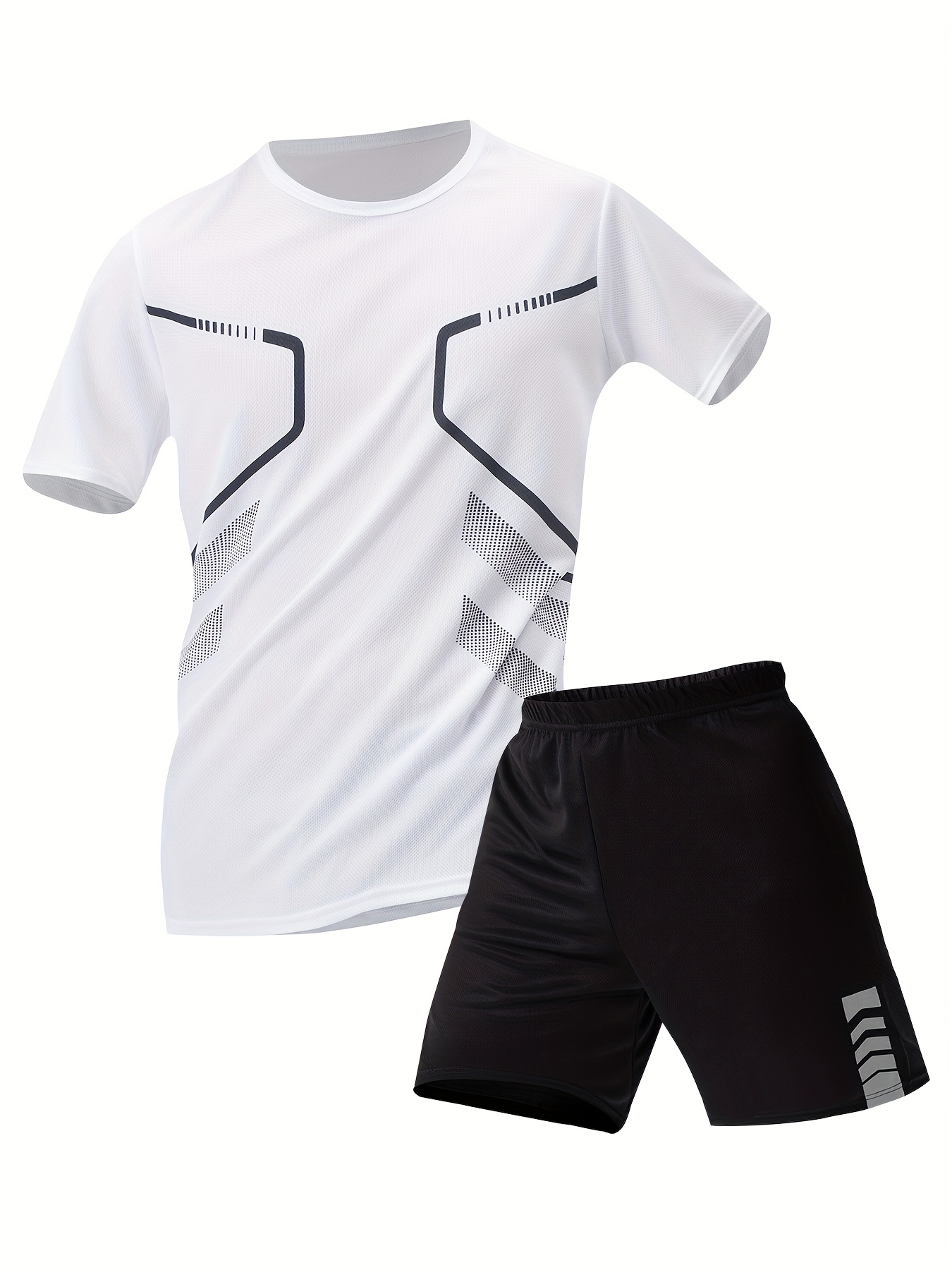 2pcs Men'S Summer Short Sleeve Suit - Casual Sporty Round Neck T-Shirt & Shorts Set, Breathable Polyester Blend, Regular Fit, White & Black with Orange Accents, Perfect for Outdoor Activities, Summer Casual Wear | Sporty Look | Comfortable Fit, Summer Shorts