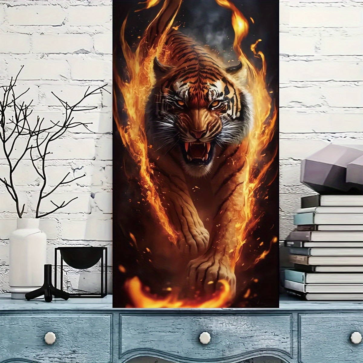 

5d Diy Large Size Artificial Diamond Painting Set Flame Tiger Round Full Diamond Embroidery Mosaic Art Painting Wall Decoration 15.75*27.55in