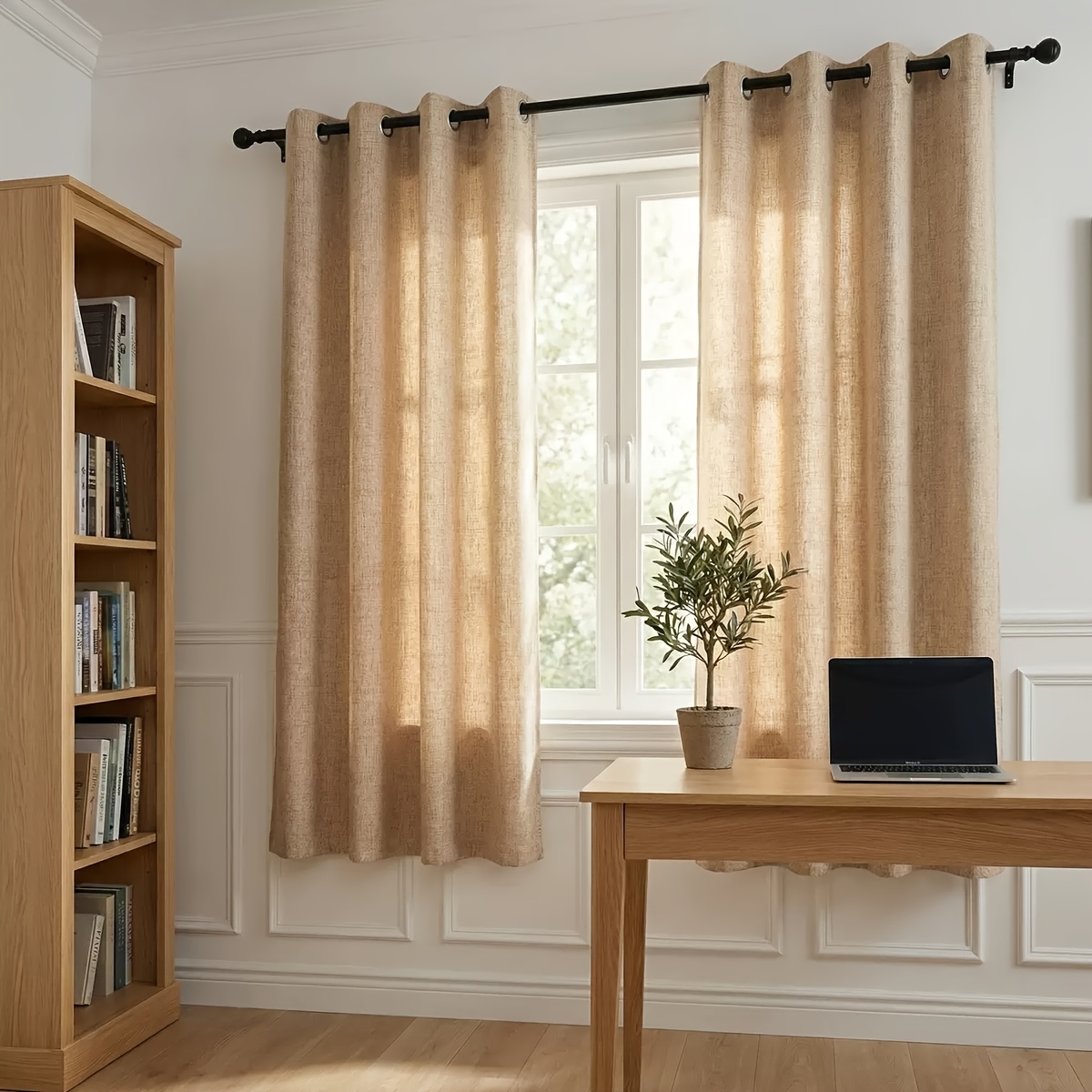 TEMU 1pc Japanese Linen Texture Curtain, Metal Grommet Design, Bedroom Blackout Thermal Curtain Finished Product, Natural Jute Color, Classic