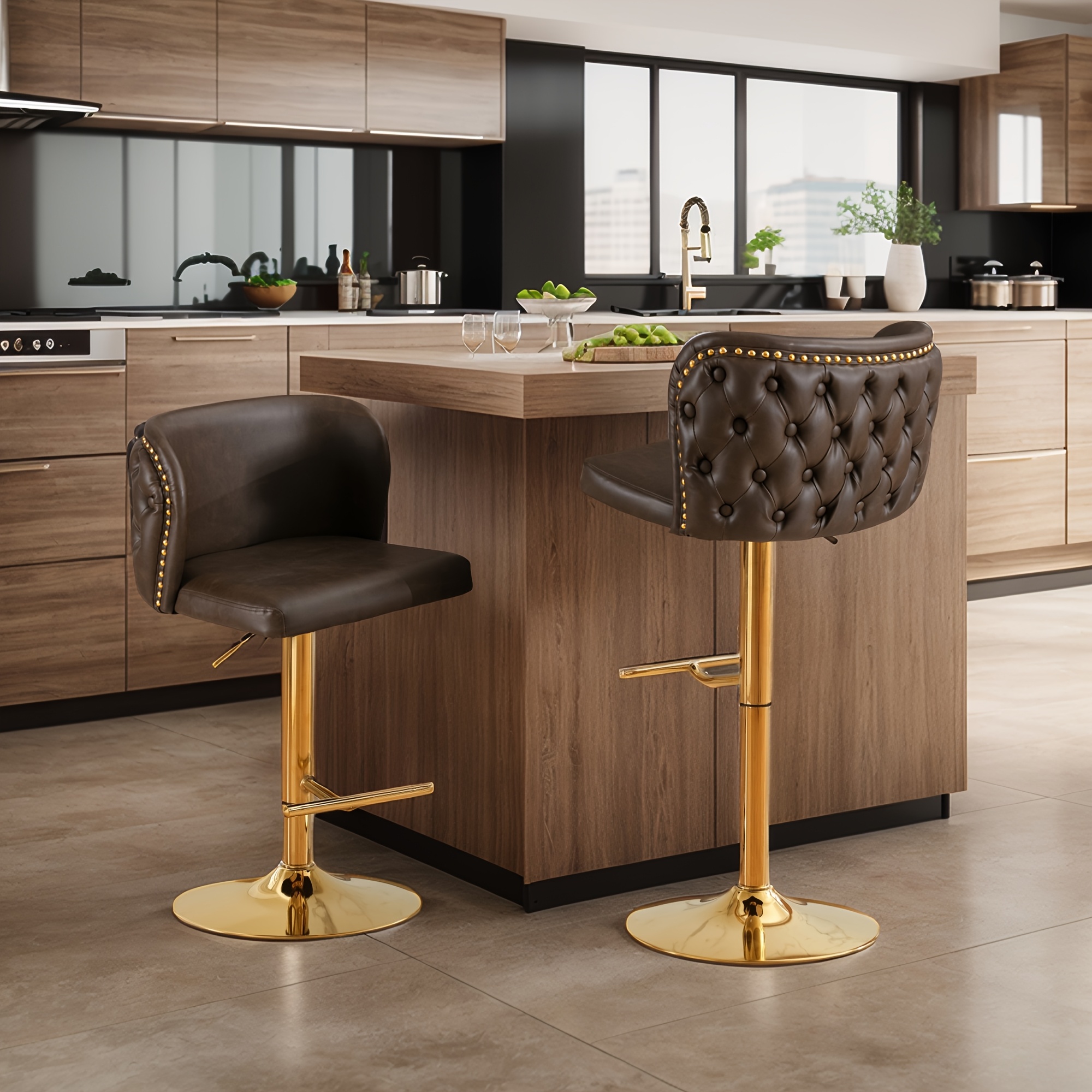 Set Of 2 Modern Swivel Bar Stools, Adjustable Height Counter Height Stools with Tufted Button Back & Nailhead Trim, Luxury Barstools with Golden Metal Base for Kitchen Island & Home Bar