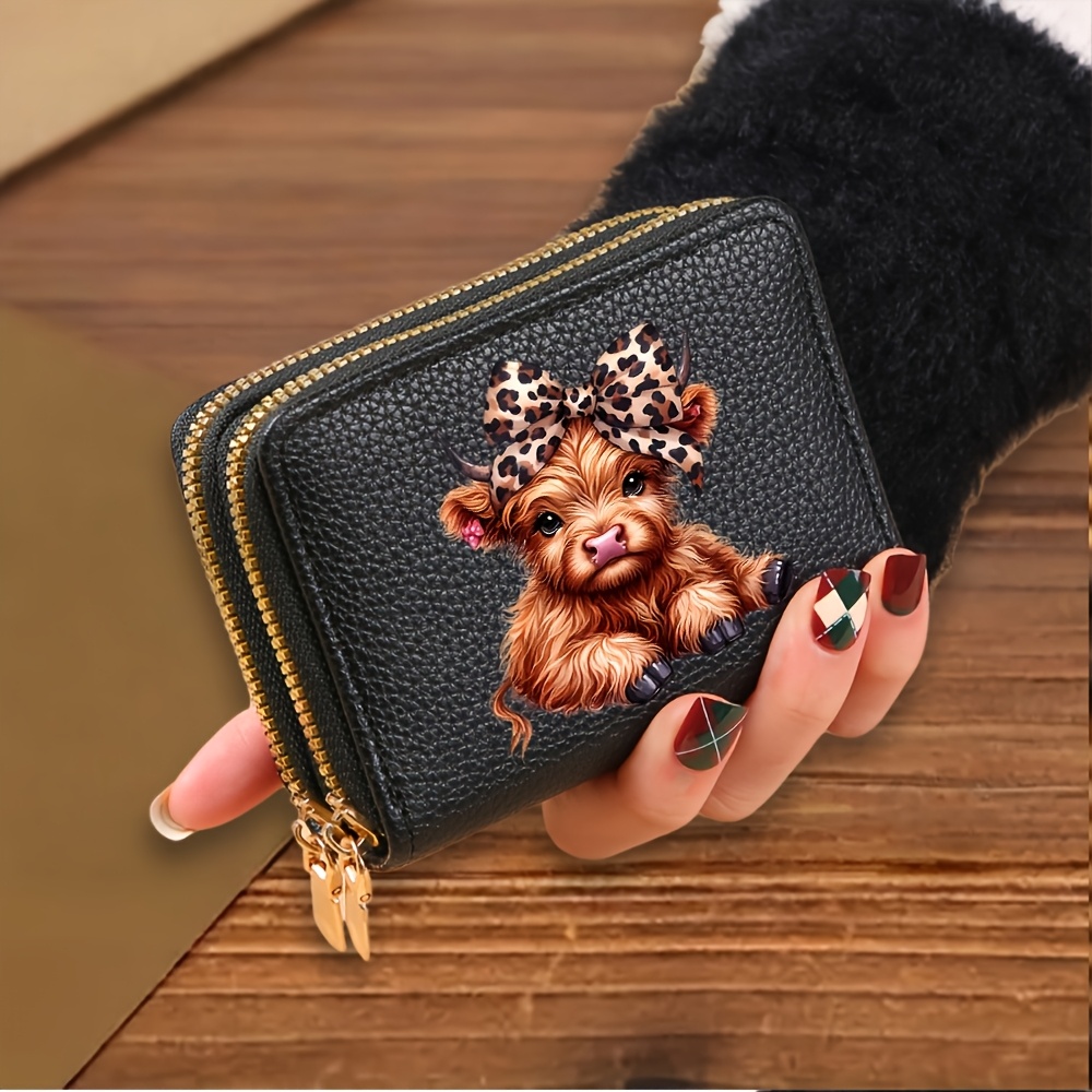 TEMU Porte-cartes vache Highland à double fermeture éclair, portefeuille, étui à cartes de crédit de couleur unie, porte-monnaie multifonctionnel de