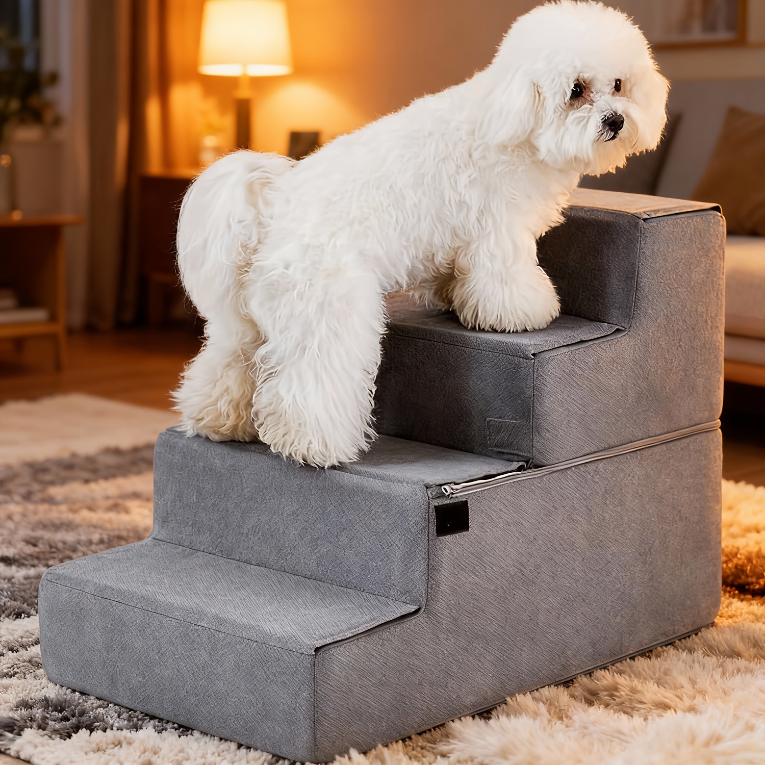 TEMU Dog Stairs For Small Dogs, High-density Foam Pet Step For High Bed Couch, Foldable Dog Sofa Ramp With Washable Cover For Puppy Older Cats, Non-slip, 4-step Grey, 18" High