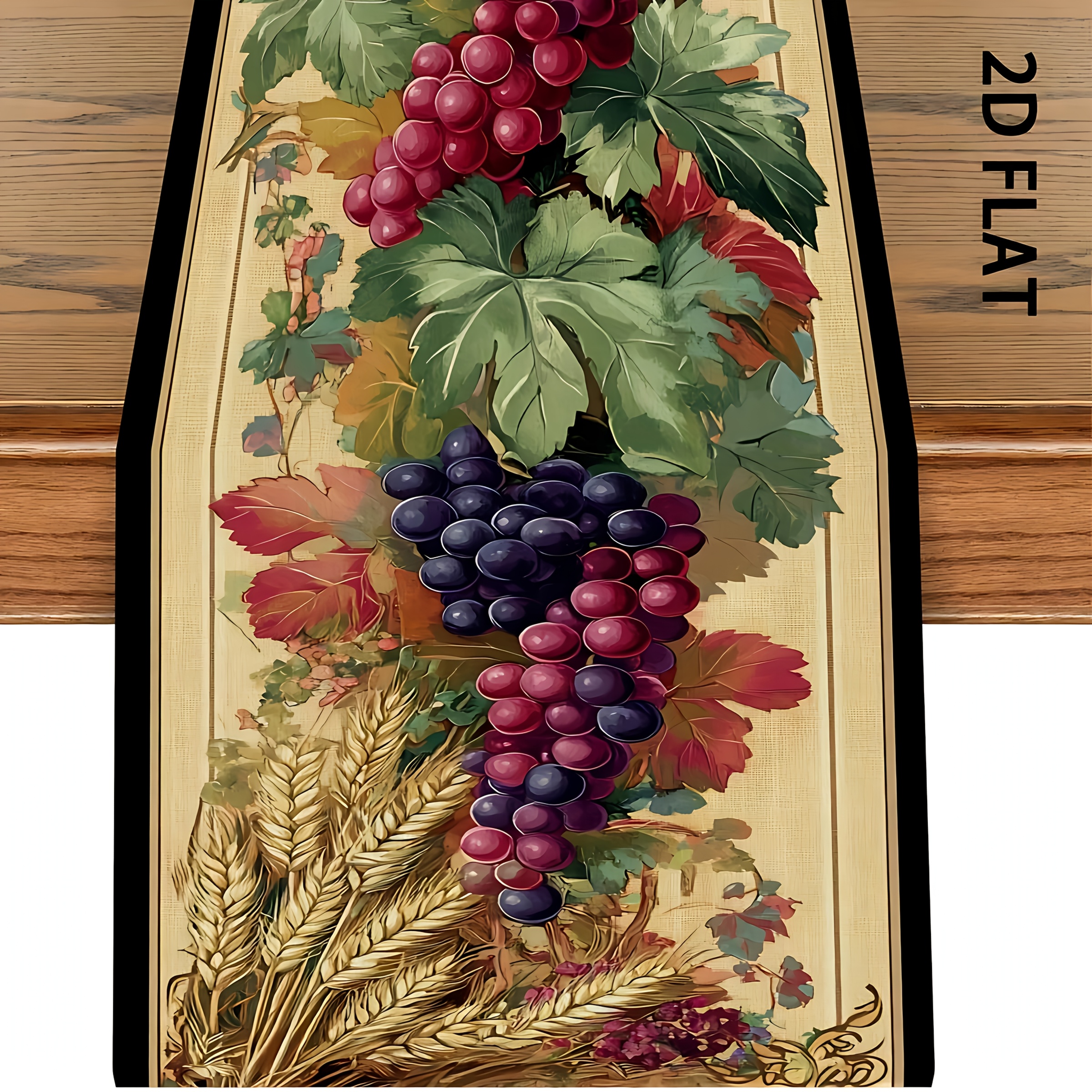 TEMU 1pc Table Runner Suitable For Dining Table - Vine-themed Grape & Wheat Print Decorative Cloth, Rectangular Runner Compatible For Coffee Table,