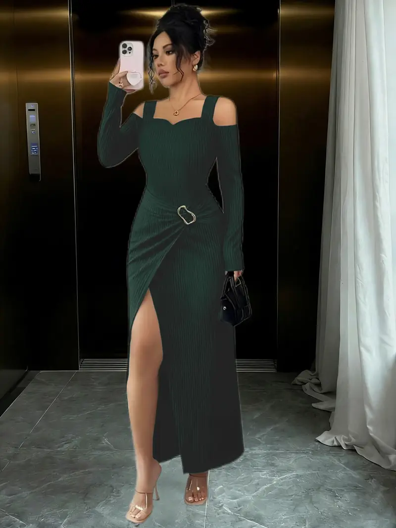 dark green womens elegant midi dress cold shoulder metal - Temu Oman dark green womens elegant midi dress cold shoulder metal - Temu Oman