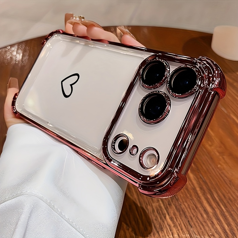 TEMU Phone Case - 1pc Minimalist Heart Pattern Black Electroplated Anti-fall Transparent Phone Case, Shockproof Lightweight Protective Cover,