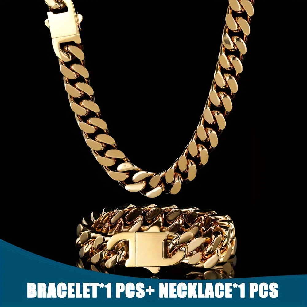 

Jewelry Set 18k Gold Plated Stainless Steel 14mm Cuban Link Chains Necklace Bracelet With Clasp Hip Hop Chunky Heavy Cut Curb Necklace For Men