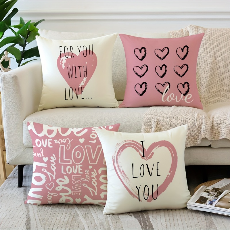 

4pcs Valentine's Day Red Heart Throw Pillow Covers, 18x18 Inch Decorative Love-themed Pillowcases For Home, Bedroom, Sofa - Zip Closure, Machine Washable, Polyester