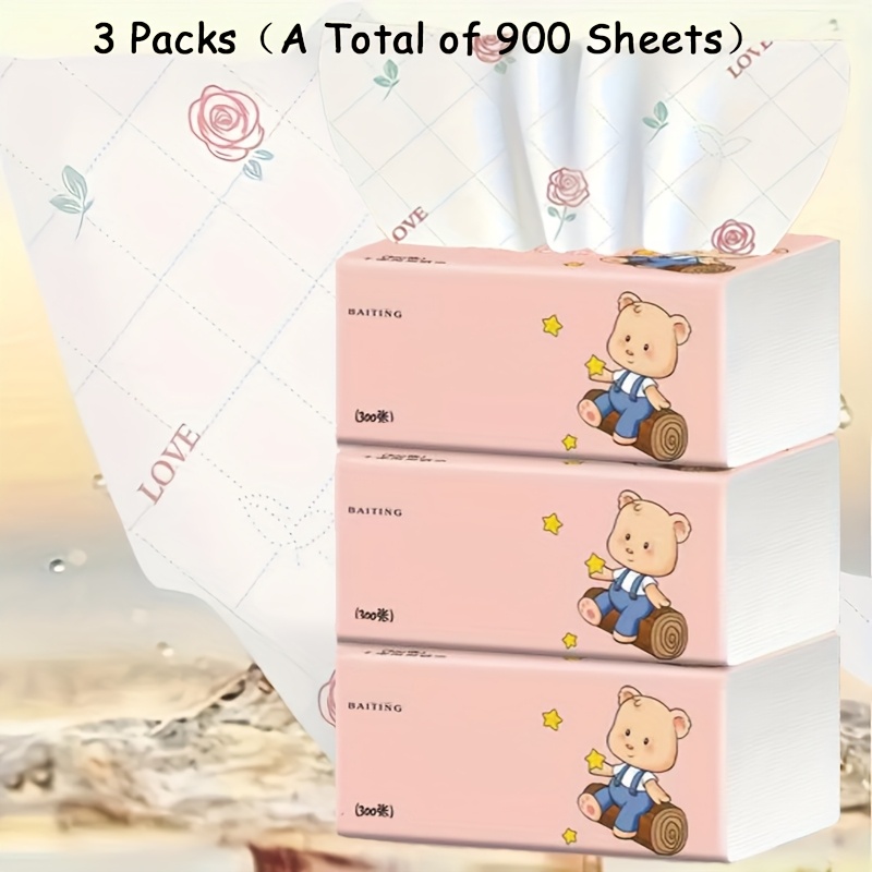 E-shop Insgesamt 900 Blatt, 3 Packungen, Niedliche Cartoon-Druck Gesichtstücher, Hochwertige Papiertücher, 300 pro Packung, Servietten, Langlebige