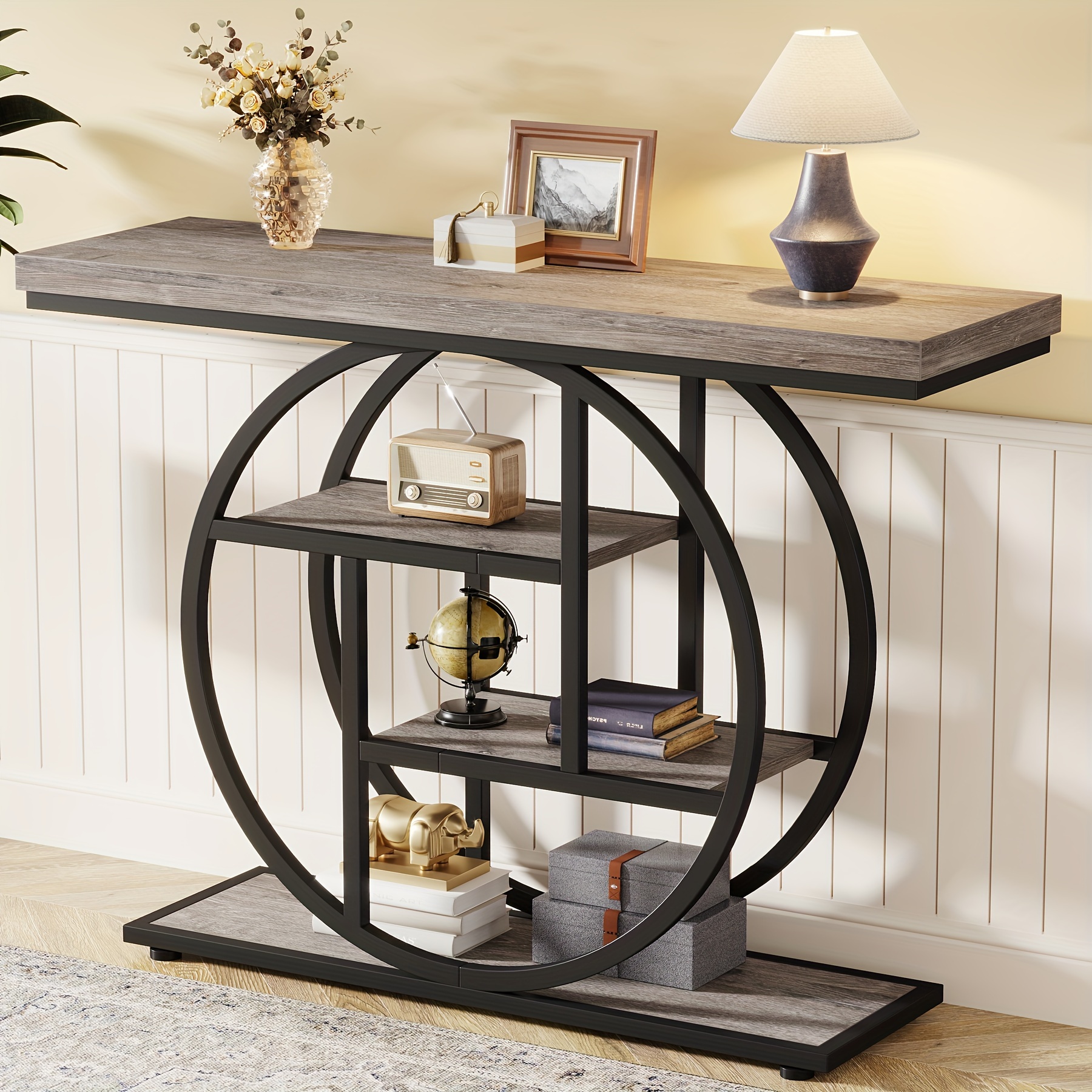 

Little Tree 41.3" Console Table, Industrial 4-tier Sofa Table For Living Room, Wood Entryway Hallway Foyer Table With Black Metal Circle Base, Narrow Gray Accent Table With Storage Shelves