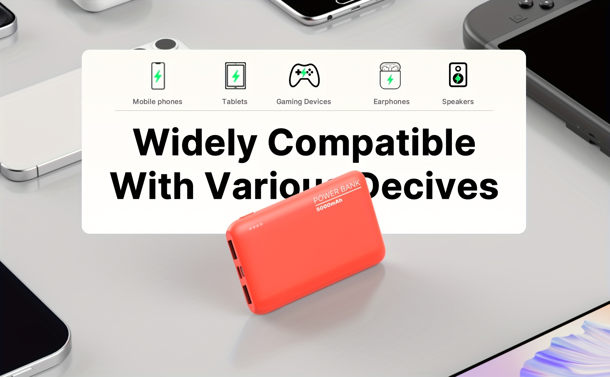 Batterie Externe Ultra-Mince 5000mAh, Chargeur Portable avec Double Sorties USB & Câble Type-C, Sauvegarde de Charge 5V2A pour iPhone et Téléphones for Samsung Android, Urgence Voyage en Plein Air, Cadeaux de Vacances (Léger & Compact)