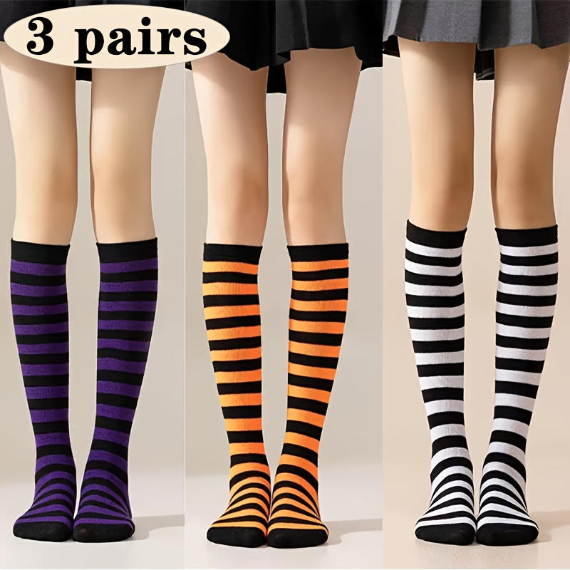 TEMU 3 Pairs Halloween Stripe Mid Calf Socks For Women, Comfortable For Movement, Suitable For Halloween & Christmas Parties, , Outdoor Leisure, Cute