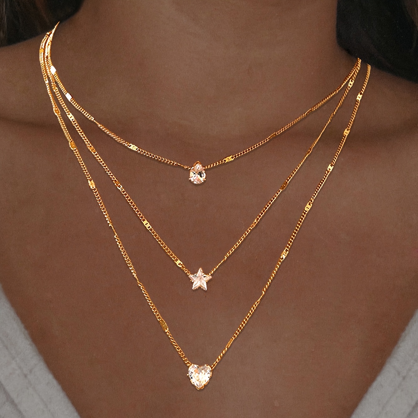 

3-layer Necklace With Rhinestone Pendants - Heart, Star, And Teardrop, Perfect For Holidays And Everyday Wear - Retro & Chic Style