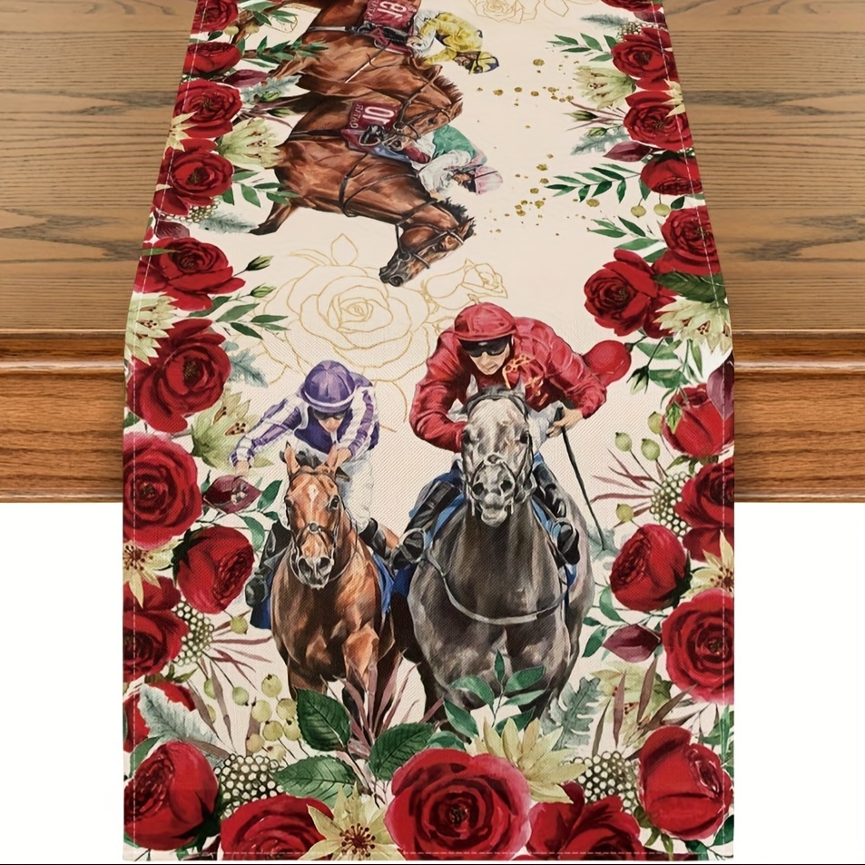 

1pc, Table Runner, Horse Racing Roses Printed Kentucky Derby Table Runner, Festival Sports Holiday Kitchen Dining Table Decoration For Home, Party Decor