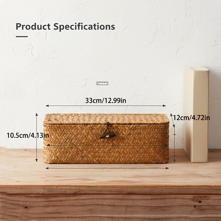 1 Handcrafted Rattan Storage Box | Boho Style Cover With Button, Rectangular Shape For Cosmetics & Makeup, Ideal For Desktop Organization And Wedding Decor