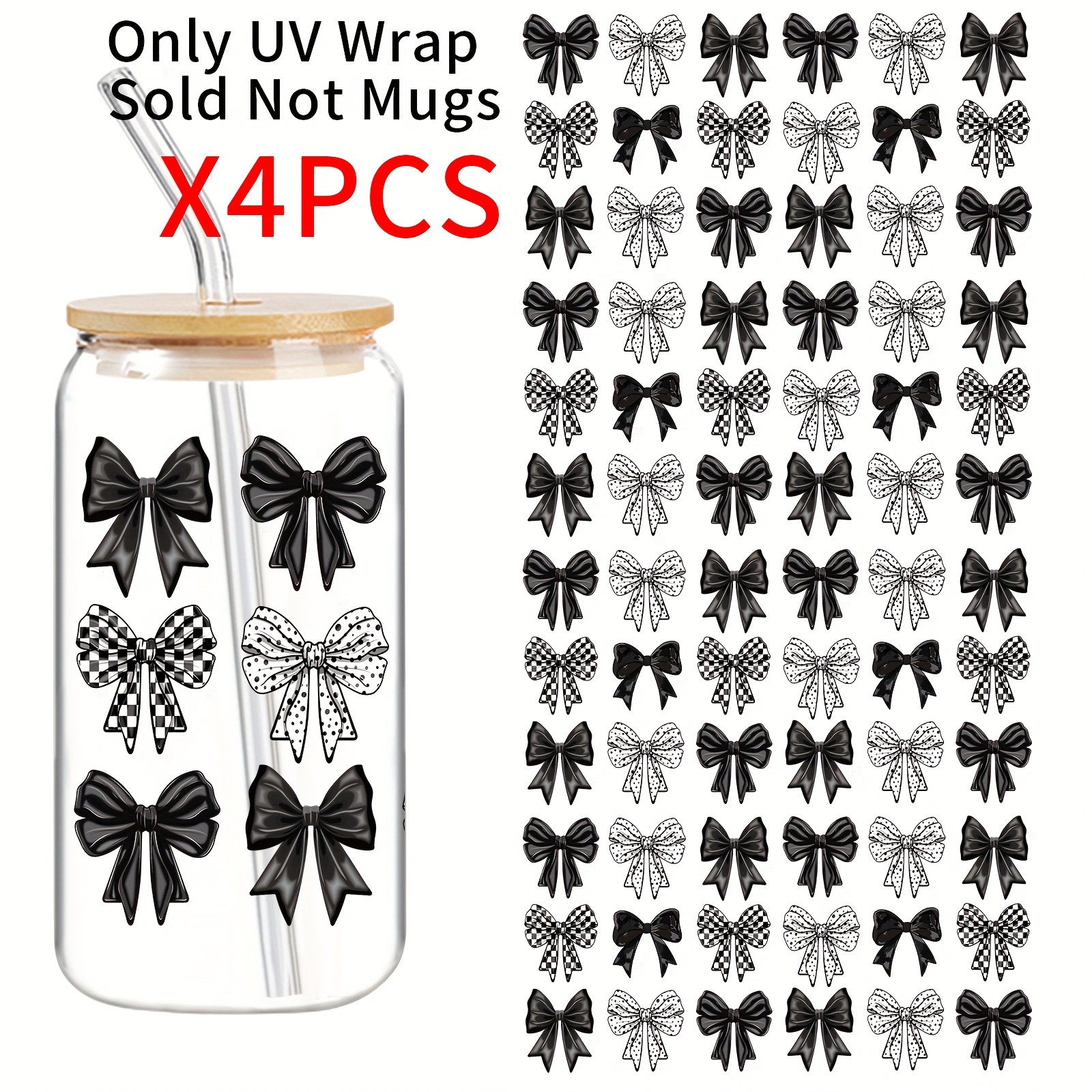 TEMU 4-pack Bow Pattern Uv Dtf Transfer Stickers, High Quality And Scratch-resistant Stickers, Beverage Stickers, Suitable For 16oz Glass Jars, Diy