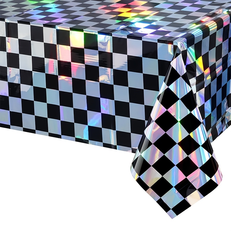 TEMU 1pc Black And White Checkered Laser Disposable Plastic Tablecloth, Cool Checkered Pattern With Iridescent Effect, Shimmering Under Light,