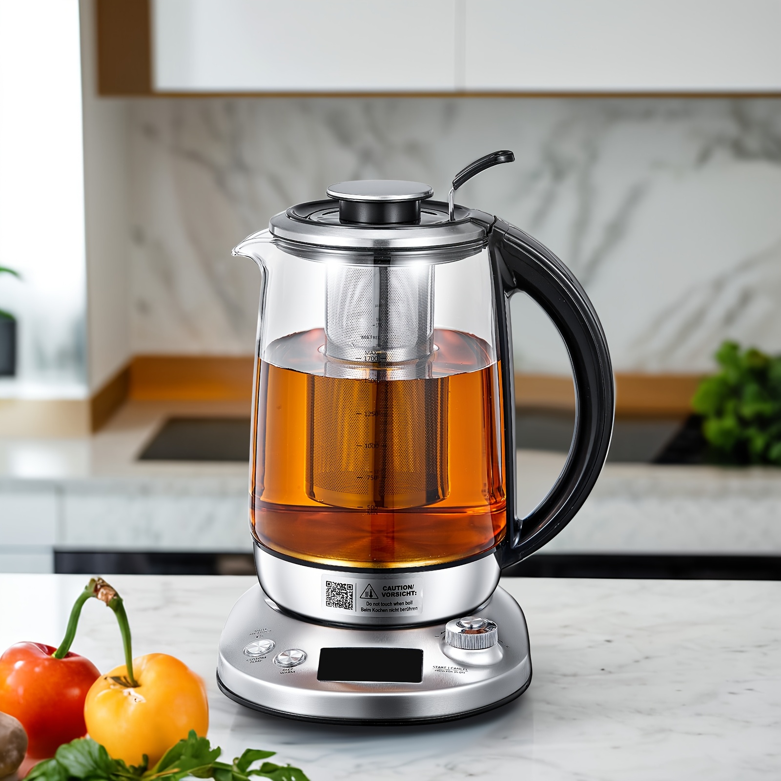 Electric Kettle With Glas,1.8L 110V 1100W Electric Kettle Stainless Steel Borosilicate Glass Blue Light