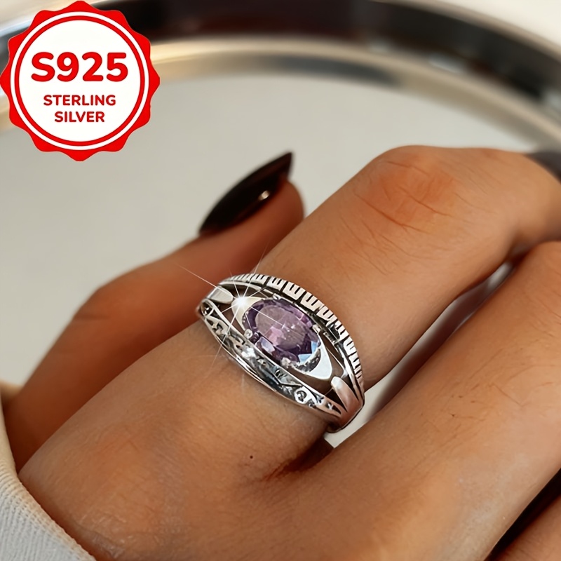 Women's S925 Silver Vintage Carved Purple Zirconia Open Ring